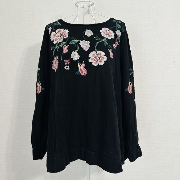 Loft Plus Top Women 24/26 Black Floral Embroidery Sweatshirt Cottage Casual Cozy - Picture 10 of 13